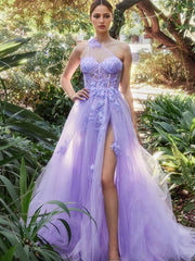 Purple A Line One Shoulder Long Appliqued Prom Dress With Slit