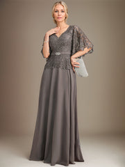 A-line V-Neck Floor-Length Chiffon Lace Mother of the Bride Dress With Crystal Brooch Rhinestone