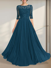 A-line Scoop Illusion Floor-Length Chiffon Lace Mother of the Bride Dress With Pleated Sequins