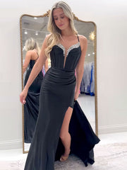 Sparkly Black Mermaid Spaghetti Straps Grey Corset Prom Dress with Slit