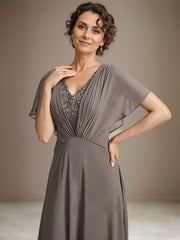 A-line V-Neck Asymmetrical Lace Chiffon Mother of the Bride Dress With Pleated