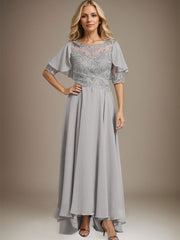 A-line Scoop Illusion Asymmetrical Chiffon Lace Mother of the Bride Dress With Beading