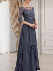 A-line Scoop Illusion Floor-Length Lace Chiffon Mother of the Bride Dress With Cascading Ruffles