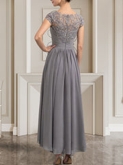 A-line Scoop Illusion Asymmetrical Lace Chiffon Mother of the Bride Dress With Pleated