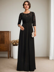 A-Line Scoop Illusion Floor-Length Lace Chiffon Mother Of the Bride Dress With Beading Ruffles