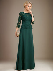 A-line Scoop Illusion Floor-Length Chiffon Lace Mother of the Bride Dress With Pleated Sequins Beading