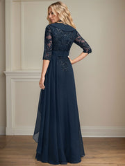 A-line Collared V-Neck Floor-Length Lace Chiffon Mother of the Bride Dress With Sequins Cascading Ruffles