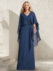 A-line V-Neck Floor-Length Chiffon Mother of the Bride Dress With Cascading Ruffles Beading