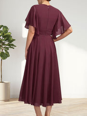 A-line V-Neck Tea-Length Chiffon Mother of the Bride Dress With Pleated Beading