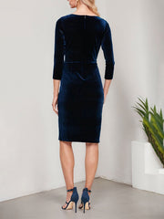 Short Velvet Sheath Dress with Surplice Neckline, Cascade Skirt and Embellishment Detail at Hip