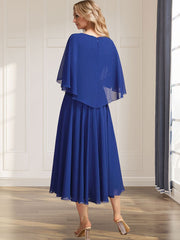 A-line V-Neck Tea-Length Chiffon Mother of the Bride Dress With Pleated Sequins Appliques Lace Beadind