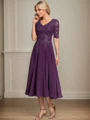 A-line V-Neck Tea-Length Lace Chiffon Mother of the Bride Dress With Sequins