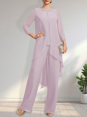 Separates Jumpsuit/Pantsuit Scoop Floor-Length Chiffon Mother of the Bride Dress With Sequins Beading