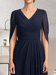 Dark Navy A-Line V-Neck Long Mother of Bride Dress