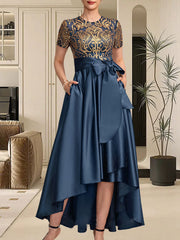 A-line Scoop Asymmetrical Satin Sequin Lace Mother of the Bride Dress With Bow