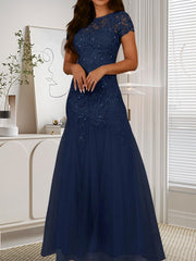 Dark Navy Mermaid Scoop Sequins Tulle Dress