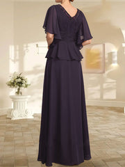 A-line V-Neck Floor-Length Chiffon Mother of the Bride Dress With Pleated Beading