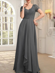 A-line Sweetheart Floor-Length Chiffon Lace Mother of the Bride Dress With Beading Cascading Ruffles