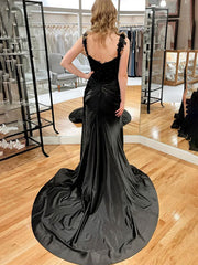 Black Mermaid Appliques Pleated Long Prom Dress with Slit