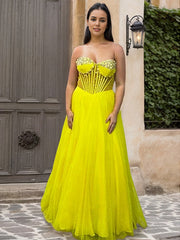 Yellow A Line Sweetheart Long Corset Prom Dress