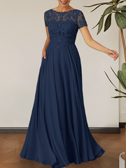 Dark Navy A-Line Boatneck Sequins Chiffon Dress