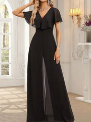 Jumpsuit/Pantsuit V-Neck Floor-Length Chiffon Evening Dress