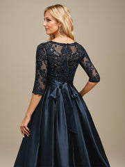 A-line Scoop Illusion Floor-Length Stretch Satin Lace Mother of the Bride Dress With Bow Sequins