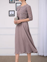 A-line Scoop Tea-Length Chiffon Mother of the Bride Dress With Pleated