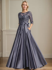 A-line Scoop Illusion Floor-Length Satin Lace Mother of the Bride Dress With Sequins Bow