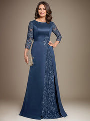 A-Line Scoop Floor-Length Lace Satin Mother Of the Bride Dress With Applique