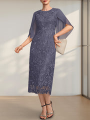 Sheath/Column Scoop Tea-Length Lace Chiffon Mother of the Bride Dress