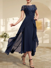 A-line Scoop Illusion Asymmetrical Chiffon Lace Mother of the Bride Dress With Bow Ruffle Sequins