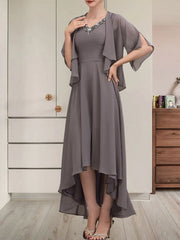 A-line V-Neck Asymmetrical Chiffon Mother of the Bride Dress With Beading Sequins