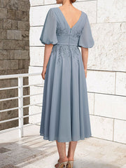 A-line V-Neck Tea-Length Lace Chiffon Mother of the Bride Dress With Pleated