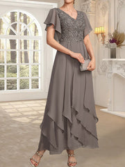 A-line V-Neck Ankle-Length Lace Chiffon Mother of the Bride Dress With Cascading Ruffles