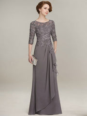 A-line Scoop Illusion Floor-Length Lace Chiffon Mother of the Bride Dress With Cascading Ruffles