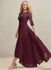 A-line Scoop Illusion Asymmetrical Lace Chiffon Mother of the Bride Dress With Pleated Sequins