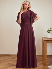 A-line Scoop Illusion Floor-Length Lace Chiffon Mother of the Bride Dress With Sequins