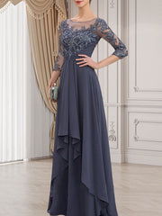 A-line Scoop Illusion Floor-Length Lace Chiffon Mother of the Bride Dress With Cascading Ruffles