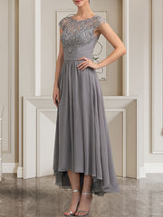 A-line Scoop Illusion Asymmetrical Lace Chiffon Mother of the Bride Dress With Pleated