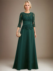 A-line Scoop Illusion Floor-Length Chiffon Lace Mother of the Bride Dress With Pleated Sequins Beading