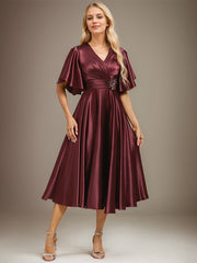 A-line V-Neck Tea-Length Stretch Satin Mother of the Bride Dress With Beading Pleated