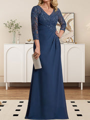 Sheath/Column V-Neck Illusion Floor-Length Lace Chiffon Mother of the Bride Dress With Pleated Sequins