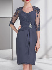 Sheath/Column Sweetheart Knee-Length Chiffon Mother of the Bride Dress With Beading Appliques Lace Sequins Pleated