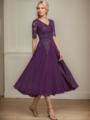 A-line V-Neck Tea-Length Lace Chiffon Mother of the Bride Dress With Sequins