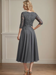 A-line V-Neck Tea-Length Chiffon Lace Mother of the Bride Dress With Beading Sequins