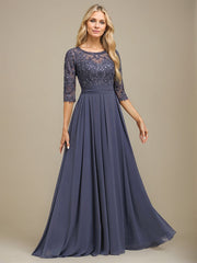 A-Line Scoop Floor-Length Lace Chiffon Mother Of the Bride Dress With Sequins Applique