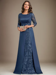 A-Line Scoop Floor-Length Lace Satin Mother Of the Bride Dress With Applique