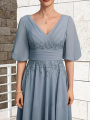 A-line V-Neck Tea-Length Lace Chiffon Mother of the Bride Dress With Pleated