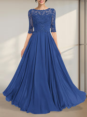 A-line Scoop Illusion Floor-Length Chiffon Lace Mother of the Bride Dress With Pleated Sequins